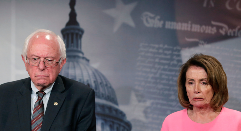 House Minority Leader Nancy Pelosi and Sen. Bernie Sanders of Vermont at a news conference on release of the president's fiscal-year 2018 budget proposal on Capitol Hill.