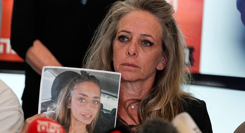 Keren, mother of Mia Schem and representatives of the families of the abducted and missing persons held by Hamas militants in Gaza hold a press conference following the release of a video by Hamas, in which the 21-year-old Israeli woman is seen.AP Photo/Ohad Zwigenberg