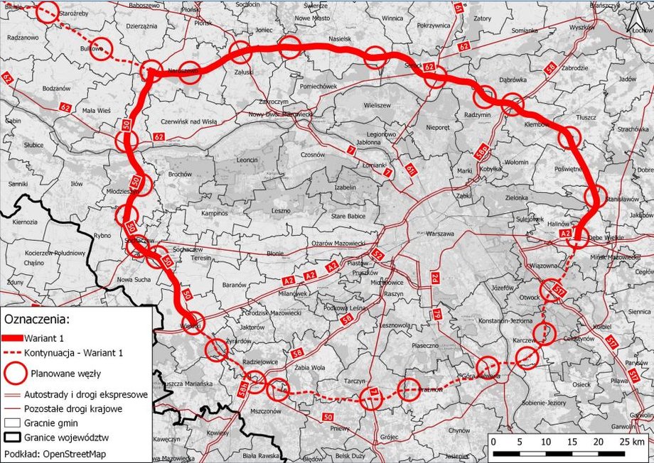 Jeden z wariantów ringu wokół aglomeracji warszawskiej zaprezentowany w 2021 r.