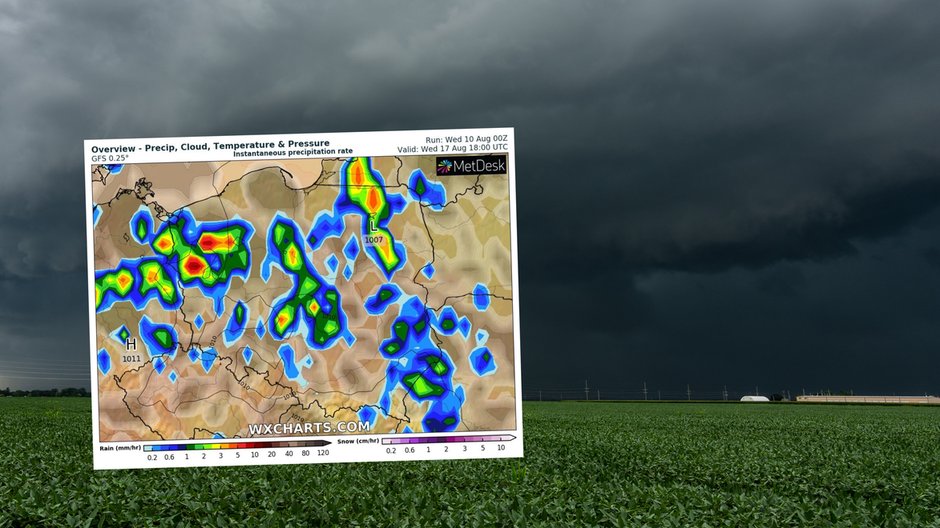 Gorąca, ale lokalnie burzowa pogoda, utrwali się w Polsce na dłużej (mapa: wxcharts.com)