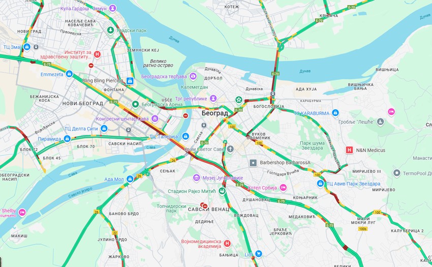 Opterećen saobraćaj na Mostu Gazela, Pančevačkom i Brankovom mostu