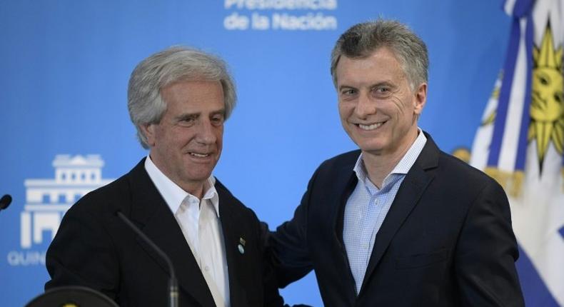 Uruguay and Argentina will officially launch their joint bid for the 2030 football World Cup next week at a ceremony involving the countries' two leaders, Uruguay's President Tabare Vazquez (L) and Argentina's counterpart Mauricio Macri