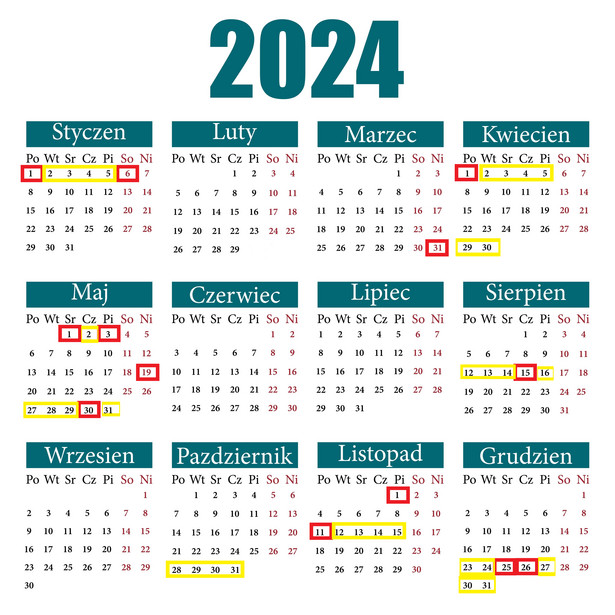 Kalendarz 2024 - długie weekendy, oprac. TJ, źródło Shutterstock