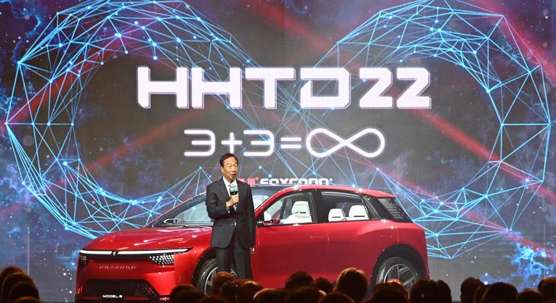 Foxconn founder Terry Gou introduced the EV by driving the MODEL B onto the stage at the event.SAM YEH / Contributor / Getty Images