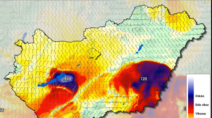 Pillanatkép a modellvideóból - a szélerősség akár 169 km/órásra erősödhet, a hétvégi időjárást ilyen orkán vezetheti be/Fotó: OMSZ 