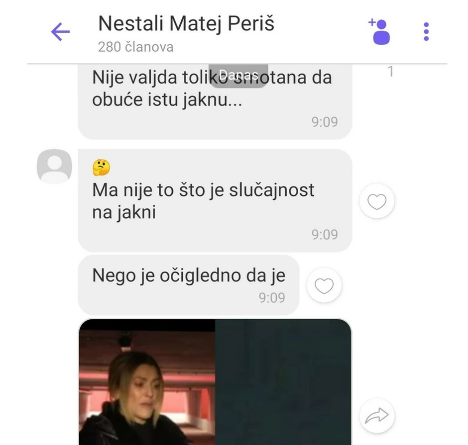 Viber poruke u grupi "Nestali Matej Periš"