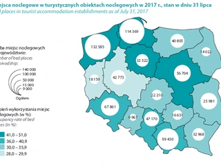 Liczba miejsc w turystycznych obiektach noclegowych. Stan na 31 lipca 2017 r.