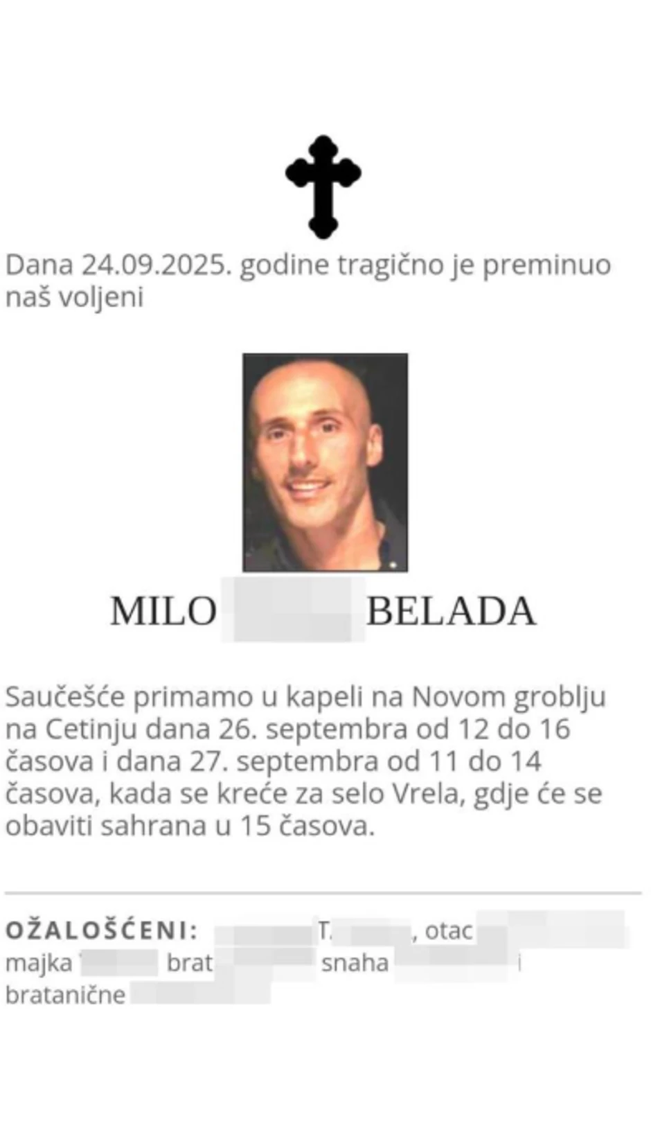 Čitulja Milu Beladi