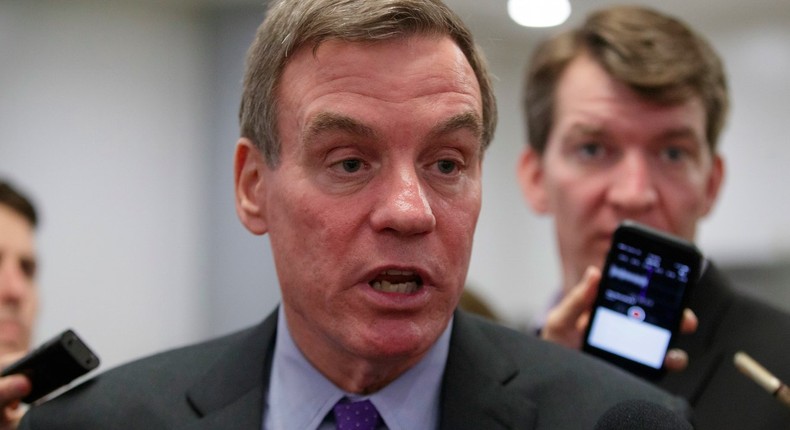 Democratic Sen. Mark Warner of Virginia, the vice chairman of the Senate Intelligence Committee, talking to reporters on May 17 about the controversies surrounding President Donald Trump's firing of the FBI director, James Comey.