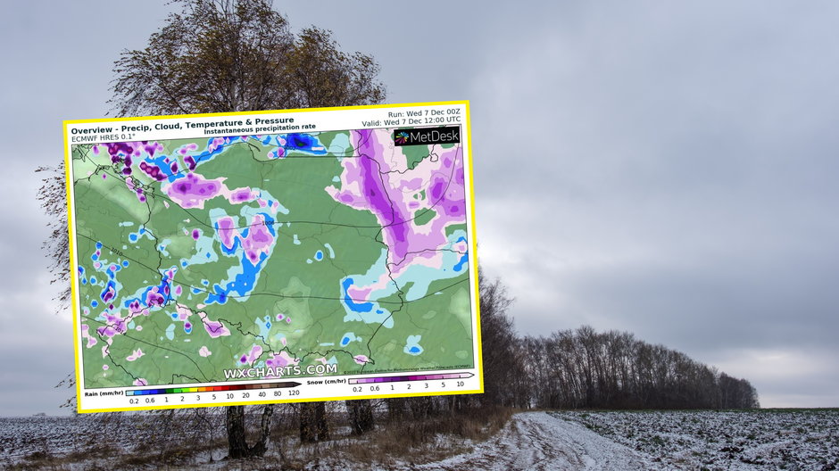 W środę nie zabraknie opadów, ale jest też w końcu szansa na słońce (mapa: wxcharts.com)