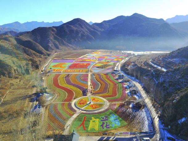 Small windmills are placed in the shape of Chinese characters meaning fortune and luck in a tourism 