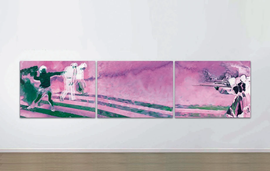 „THE THIRD OF MAY (HOMAGE TO GOYA)”, 2011, olej, płótno/ (tryptyk) 150 x 600 cm