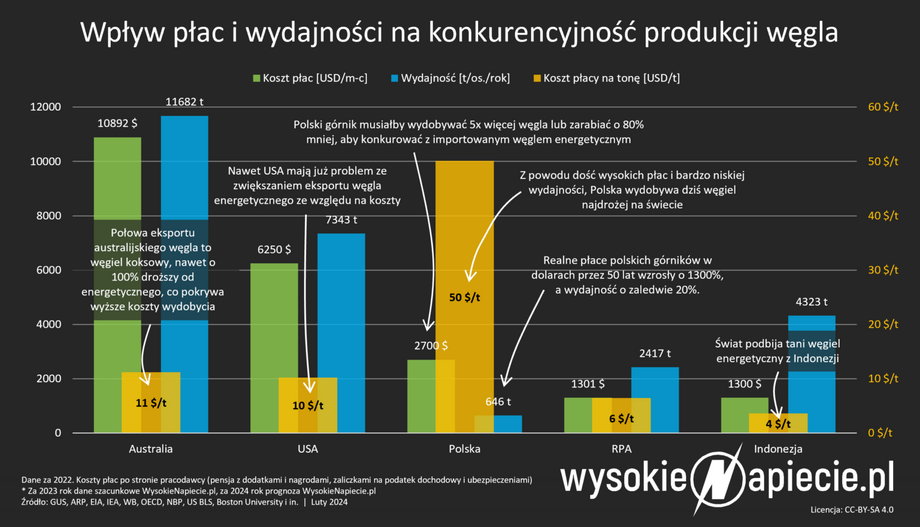 Jak wyliczyli eksperci, polski górnik musiałby wydobywać pięć razy więcej węgla lub zarabiać o 80 proc. mniej, aby konkurować z importowanym węglem energetycznym. 