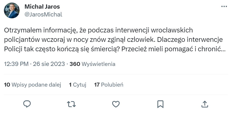 Tweet wrocławskiego posła Koalicji Obywatelskiej Michała Jarosa