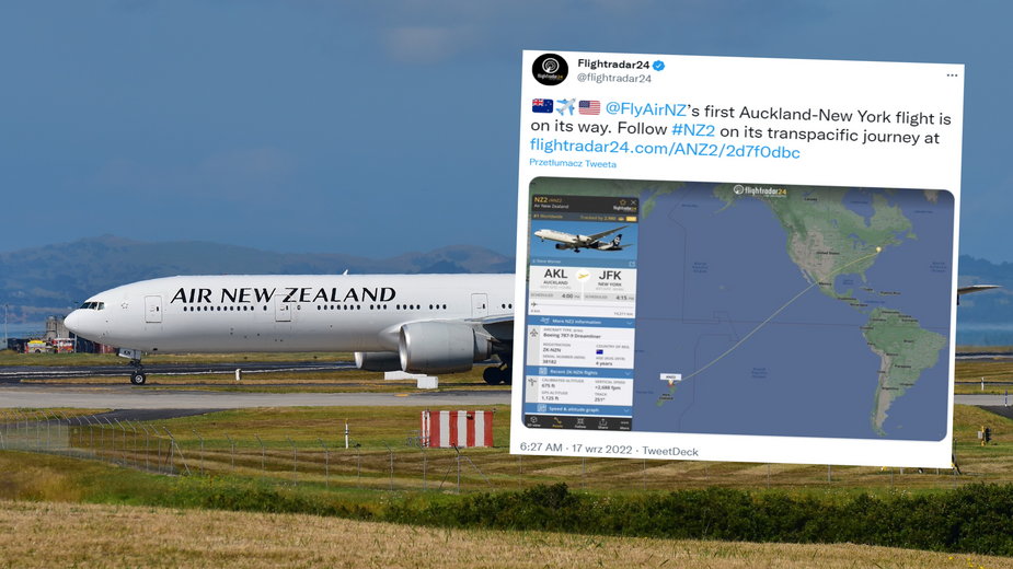 Odbył się pierwszy w historii lot z Auckland do Nowego Jorku (screen: Twitter.com/flightradar24)