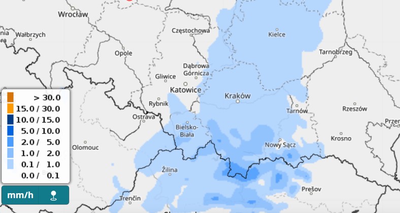 Prognoza opadów śniegu w południowej Polsce w środę rano