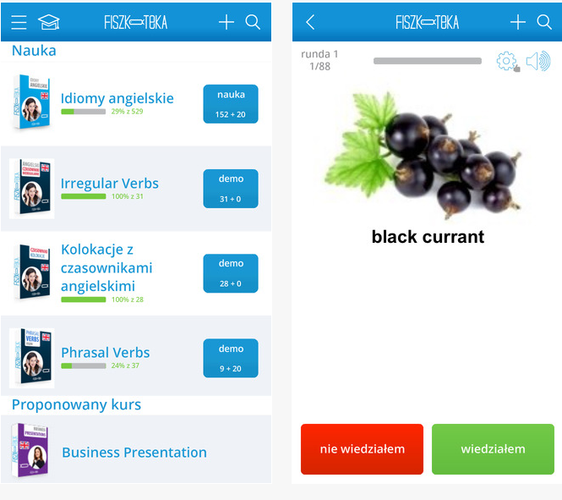 Multimedialne fiszki, to najszybszy sposób na naukę lub odświeżenie słownictwa z angielskiego, niemieckiego, francuskiego oraz kilkunastu innych języków. Aplikacja Fiszkoteka daje nam dostęp do ponad 3,6 mln fiszek, których zasób możemy samodzielnie poszerzać. O regularność naszej nauki zadba Inteligentny System Powtórek oparty na badaniach nad pamięcią prowadzonych przez dr Leitnera.