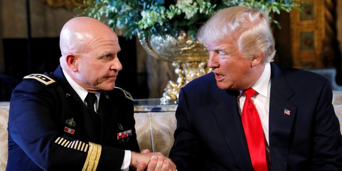 Trump shakes hands with National Security Adviser and former Army Lt. Gen. H.R. McMaster.