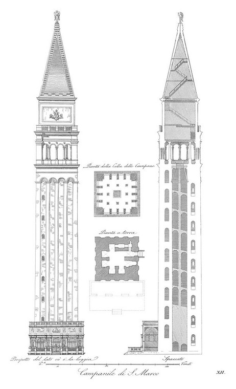 Przekrój pionowy i poziomy dzwonnicy (ilustracja Dionisia Morettiego z 1831)
