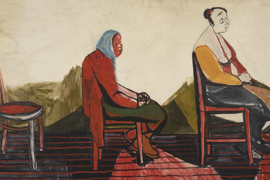 Kolejka trwa, 1956, gwasz, akwarela, papier, 99,6×150,8 cm, Starak Collection