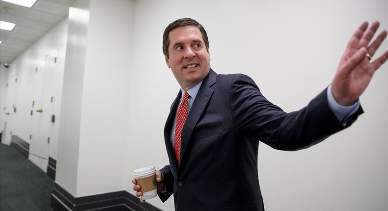 House Intelligence Committee Chairman Rep. Devin Nunes, R-Calif., waves as he arrives for a closed-door GOP strategy session on Capitol Hill in Washington, Tuesday, April 4, 2017.