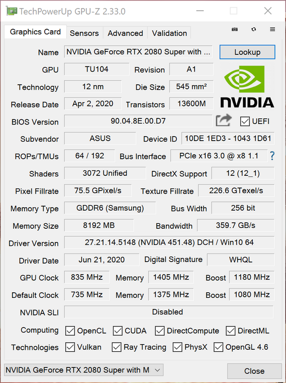 Asus ROG Zephyrus Duo 15 RTX 2080 Super Max-Q GPU-Z