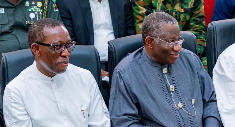 Governor Ifeanyi Okowa of Delta State congratulates ex-President, Goodluck Jonathan as he clocks 63 on Friday, November 20, 2020. 