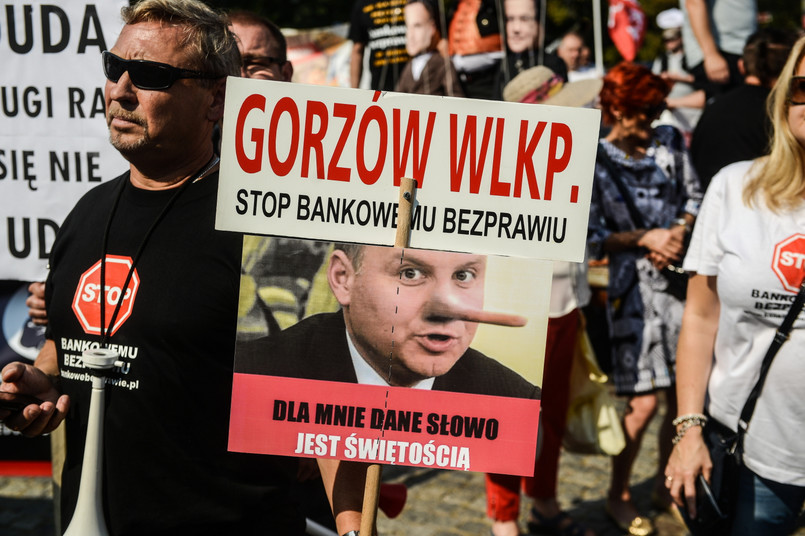 Manifestacja tzw. frankowiczów - osób poszkodowanych przez banki, zorganizowana przez ruch społeczny - "Stop Bankowemu Bezprawiu"