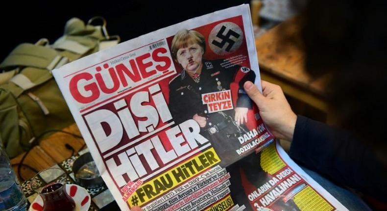 Turkish daily Gunes labelled the German leader Angela Merkel as a She Hitler on March 17, amid a bitter war of words between Ankara and Berlin