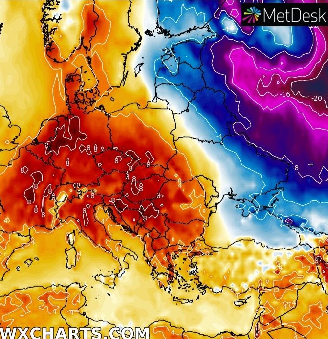 Prognoza odchylenia temperatury od normy w sobotę, 7 stycznia