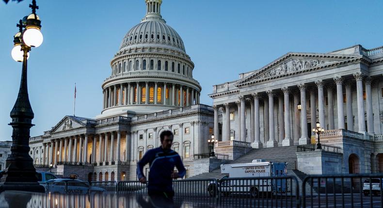 The Senate side of the Capitol is seen in Washington, early Monday, Nov. 9, 2020.
