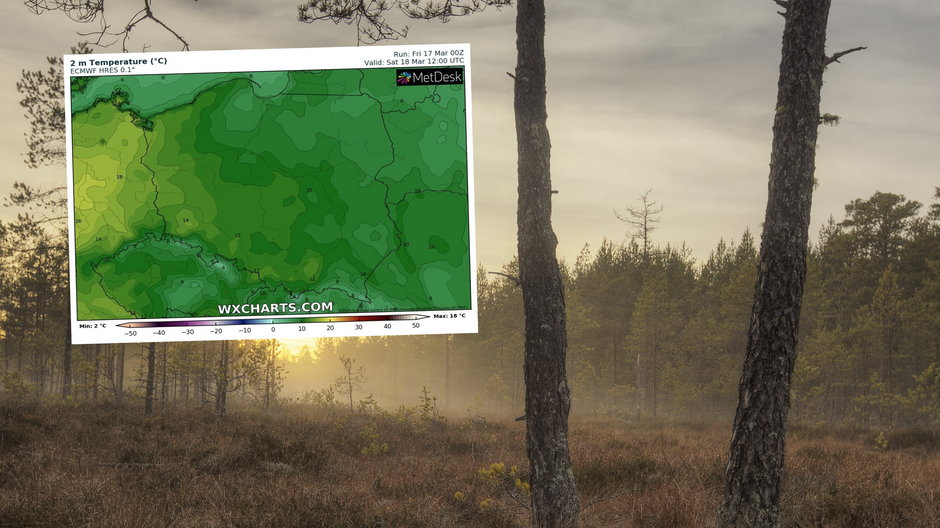 Sobota niemal w całej Polsce będzie słoneczna i bardzo ciepła (mapa: wxcharts.com)