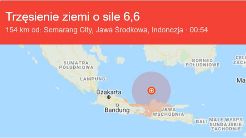 Trzęsienie ziemi o magnitudzie 6,6 st. wystąpiło pod dnem morskim u wybrzeży indonezyjskiej wyspy Jawa - poinformowała amerykańska Służba Geofizyczna (USGS). Nie ma informacji o ofiarach lub zniszczeniach.