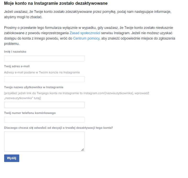 Formularz pozwalający na odzyskanie konta na Instagramie
