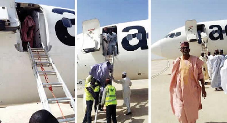 Picture of airline passengers disembarking from an aircraft using a ladder, at the Bauchi Airport.