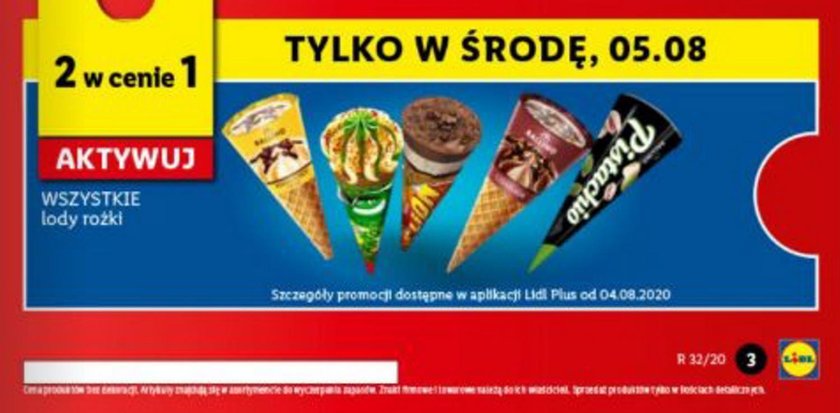 Tylko w środę 5 sierpnia 2 lody rożek w cenie 1