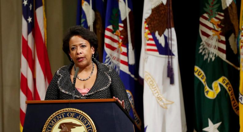 Former Attorney General Loretta Lynch delivers her farewell address at the Justice Department in January 2017.