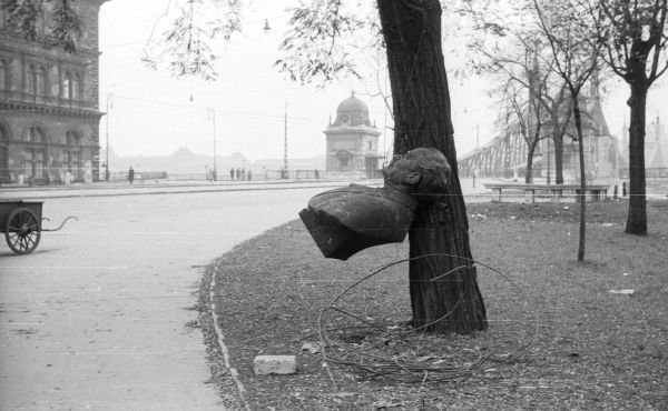 Powieszona na pniu drzewa popiersie Georgiego Dimitrowa, bułgarskiego przywódcy komunistycznego (FOTO:FORTEPAN / Nagy Gyula)