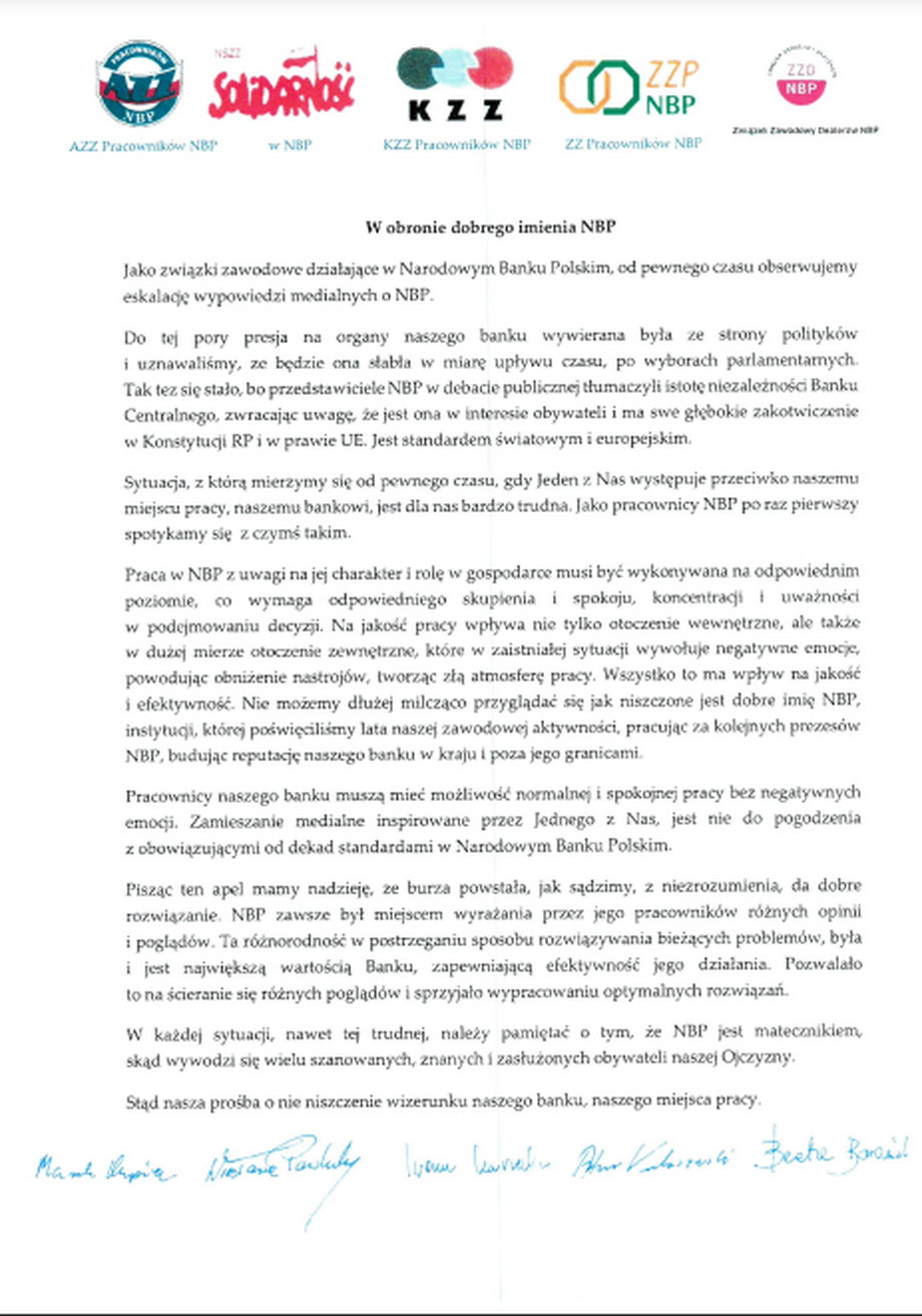 List związków zawodowych działających w NBP w obronie dobrego imienia banku