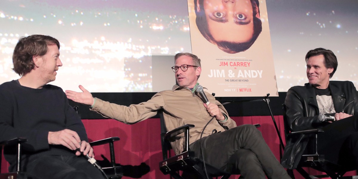 (L-R) Chris Smith, Spike Jonze, and Jim Carrey at a screening of "Jim & Andy: The Great Beyond."