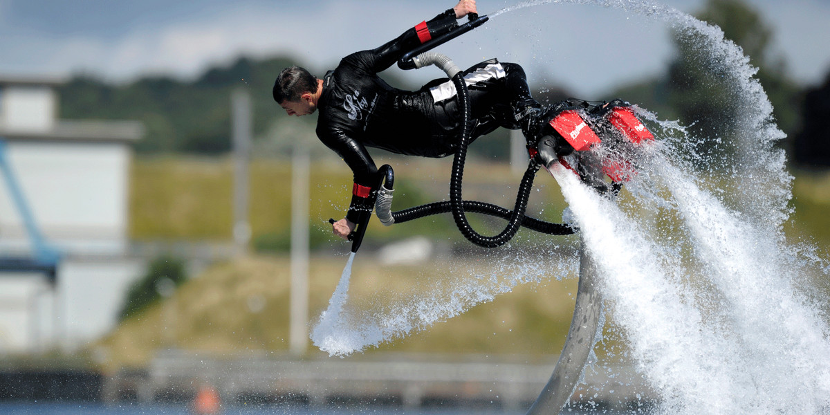 Ludovic Lucas, director and instructor of professional flyboarding school SeaSky, conducts a demonstration on a Flyboard in Harchies.