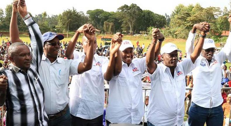 Members of Kenya Alliance of Independent Candidates in show of solidarity during their rally at Ihururu stadium in Nyeri on May 27, 2017. 