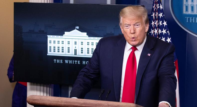 In this May 22, 2020, photo President Donald Trump speaks with reporters about the coronavirus in the James Brady Press Briefing Room of the White House in Washington. Trump has been claiming extraordinarily sweeping powers during the coronavirus crisis that constitutional and legal scholars say the president simply doesn't have. (AP Photo/Alex Brandon)