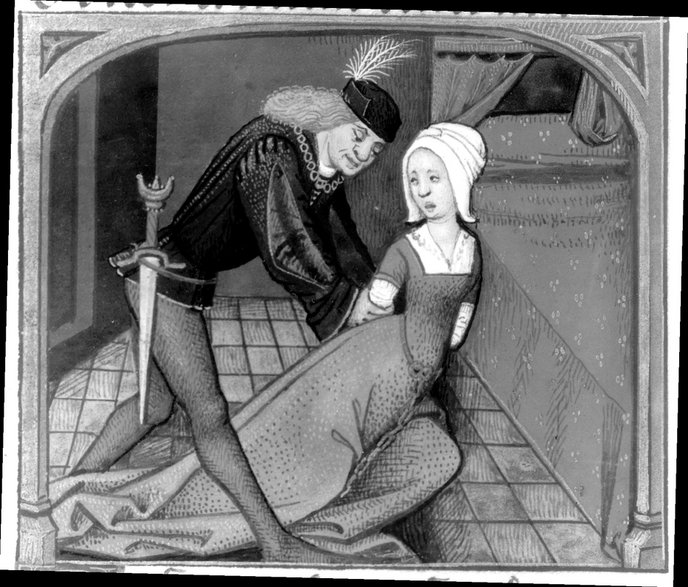 Scena gwałtu. Mężczyzna zniewolił kobietę, a ukazany na pierwszym planie miecz sugeruje, co stało się potem ("Powieść o Róży", miniatura, The Bodlein Library, University of Oxford, MS. Douce 195, fol. 61V)