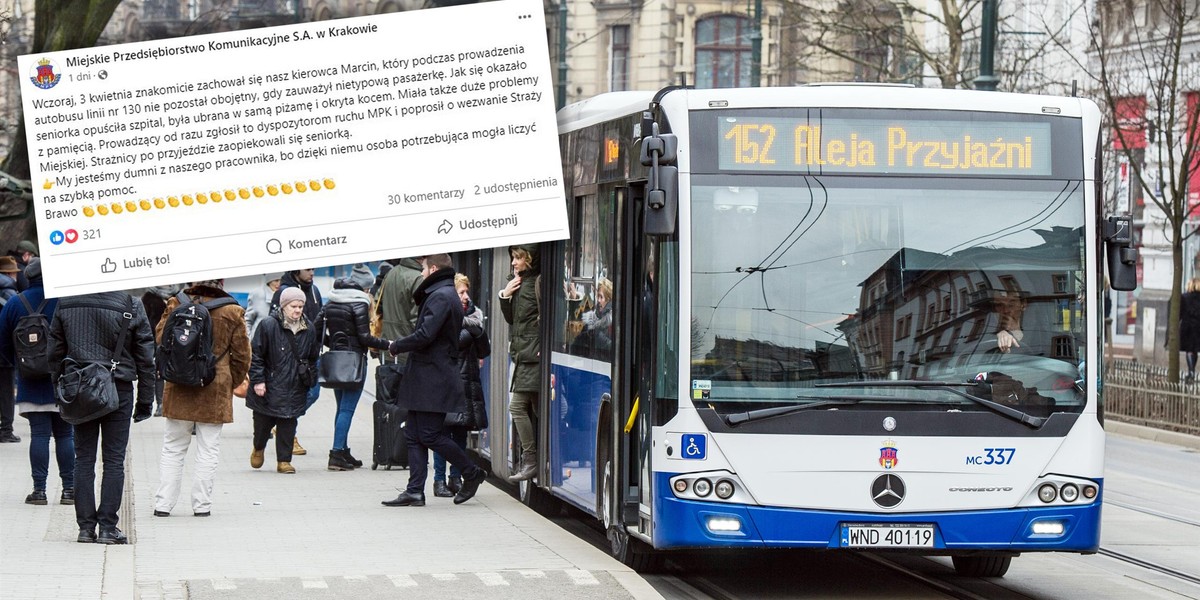 Kierowca autobusu wyciągnął pomocną dłoń do starszej pani. 