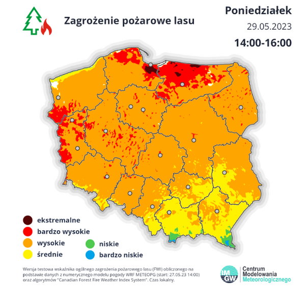 W poniedziałek bardzo wysokie zagrożenie pożarowe obejmie szczególnie północ Polski