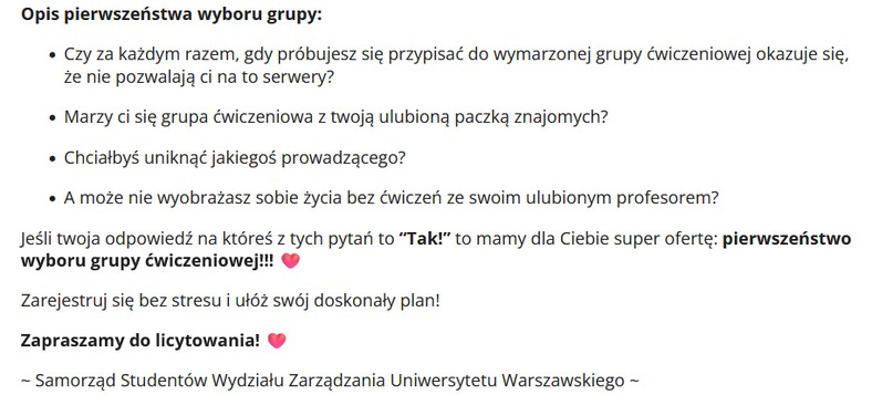 W opisie aukcji zachęcano do licytowania "pierwszeństwa w rejestracji" do grupy zajęciowej