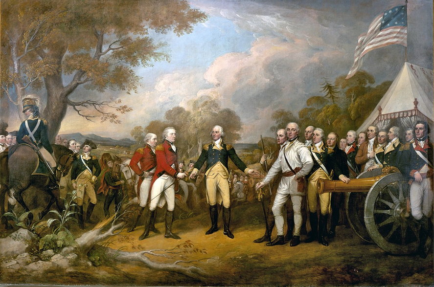Gen. John Burgoyne poddaje się gen. Horatio Gatesowi po bitwie pod Saratogą