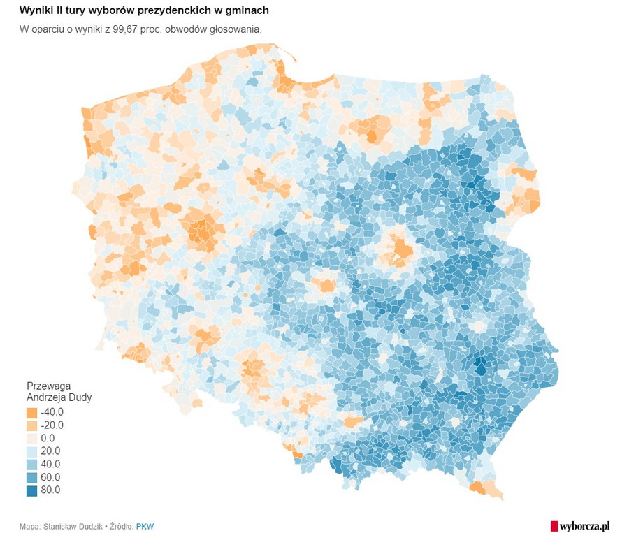 Wyniki II tury wyborów prezydenckich w gminach. W oparciu o wyniki z 99,67 proc. obwodów głosowania.