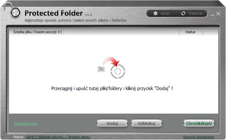 Główne okno programu do ochrony plików i folderów - Protected Folder